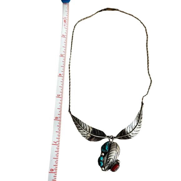 Sterling Silver Turquoise Coral Signed GN Collar Necklace - Picture 5 of 7